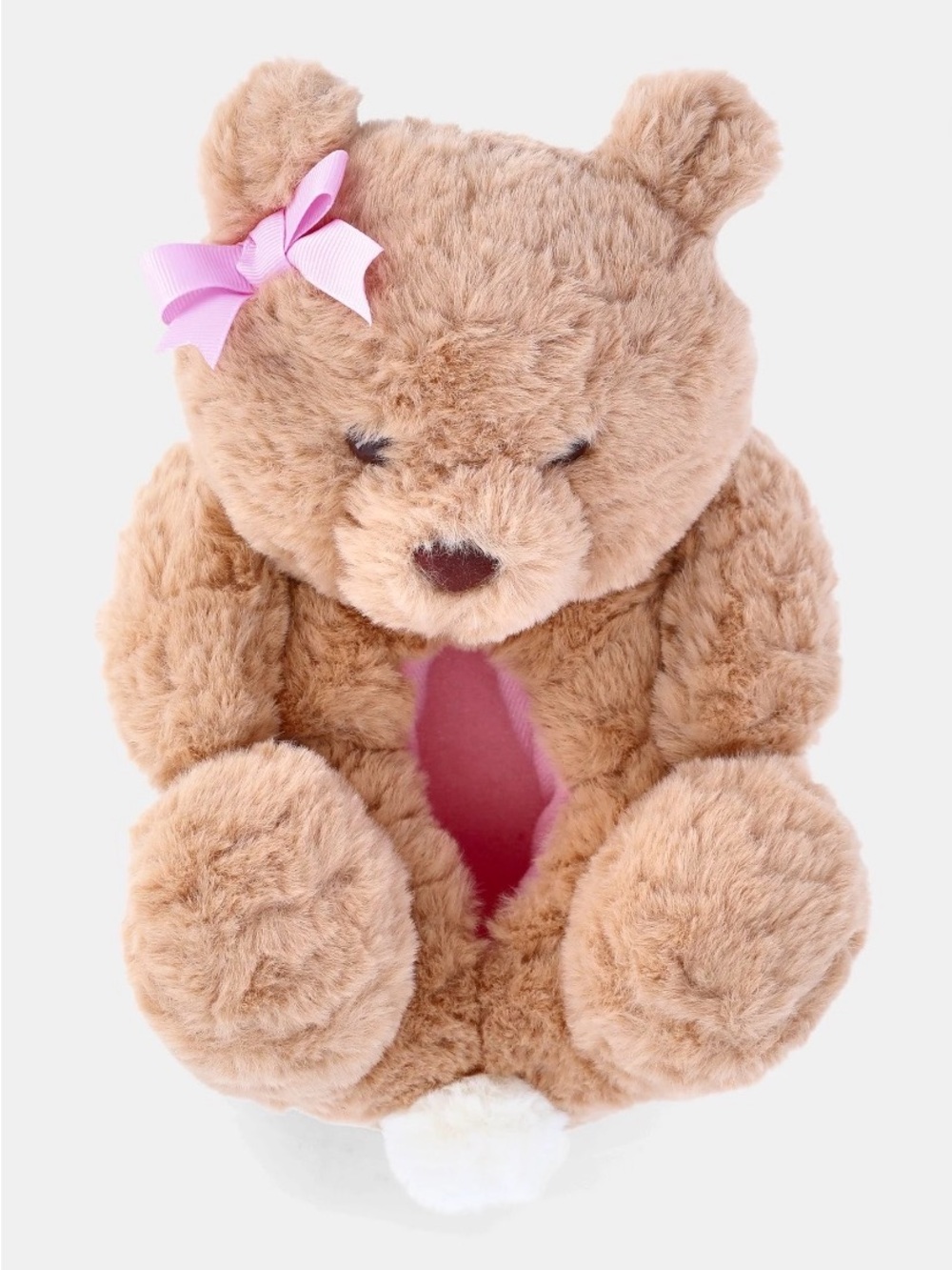 Plush Brown Teddy Bear Slippers with Pink Bow - Soft Size 6